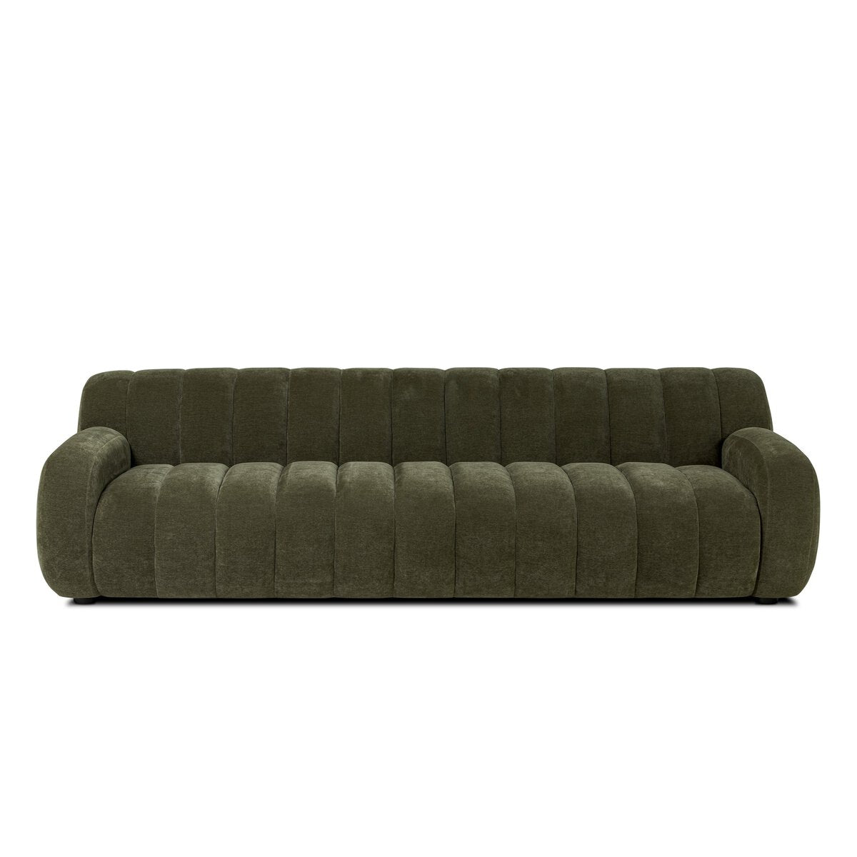 The Plush Channeled Sofa is a modern olive green piece featuring a low back, rounded arms, and wide channel tufted upholstery. Its cloud-like, cushioned look stands out against a plain white background.
