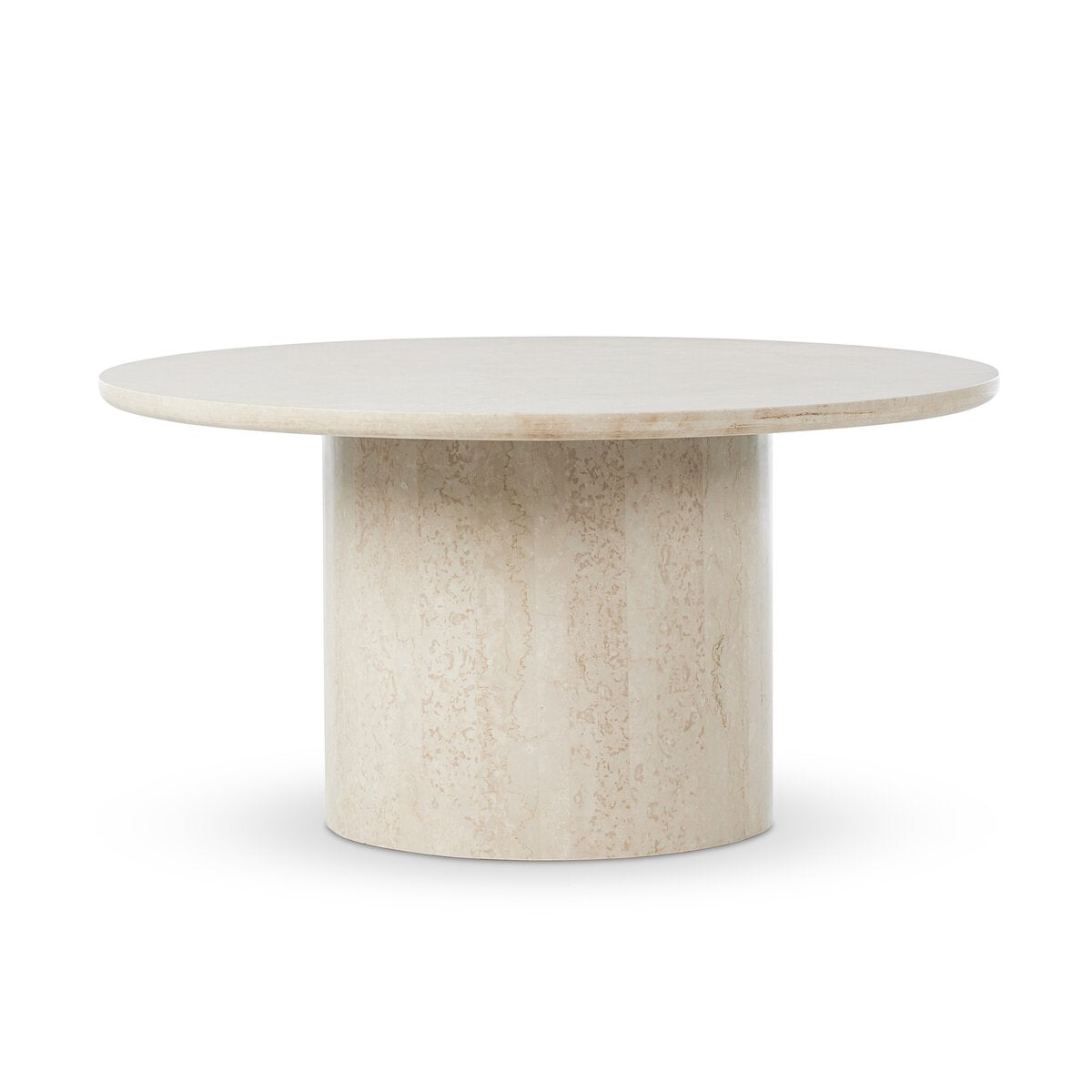 The Outdoor Marble Dining Table features a round, light beige sealed marble top with a smooth surface and a sturdy pedestal base, shown against a plain white background.