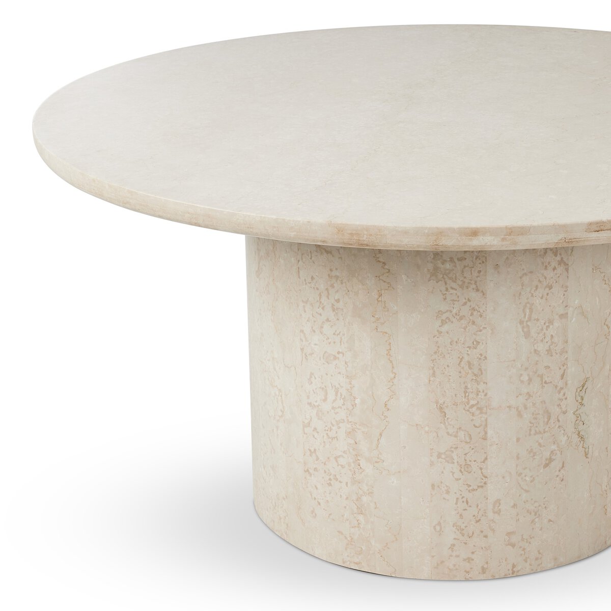 The Outdoor Marble Dining Table features a round, light beige marble top with a smooth, sealed surface and a sturdy pedestal base. Photographed against a white background.
