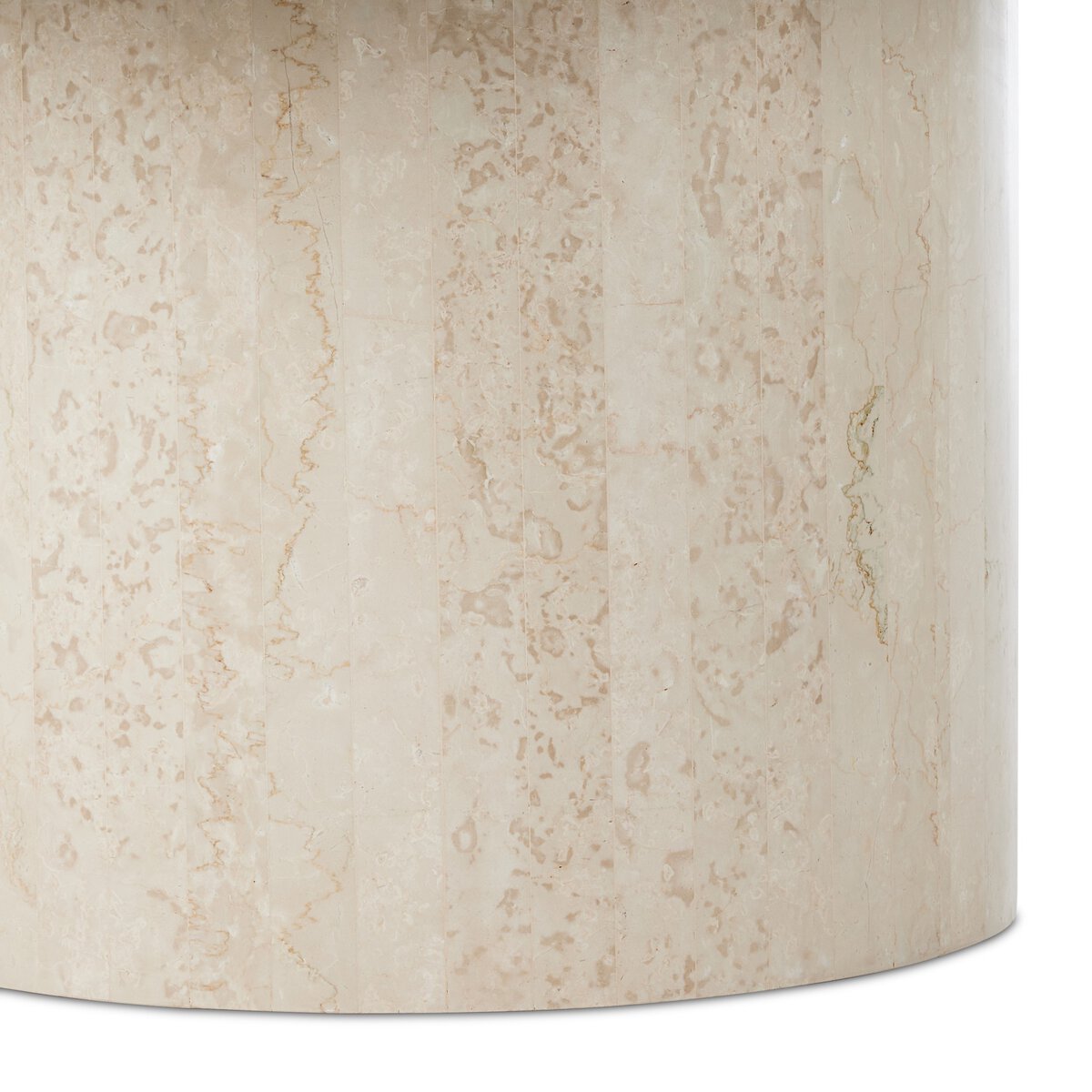 A close-up of the Outdoor Marble Dining Table’s smooth, cylindrical pedestal base showcases a light beige, textured marble pattern with subtle veins—ideal for adding elegance to any outdoor dining space.