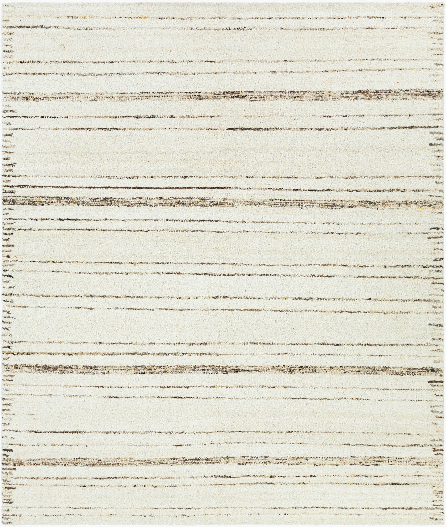 The Thin & Thick Line Stripe Rug - 8 x 10 is a hand-woven wool rug with a cream background and thin, uneven brown horizontal stripes, adding a subtle modern touch.