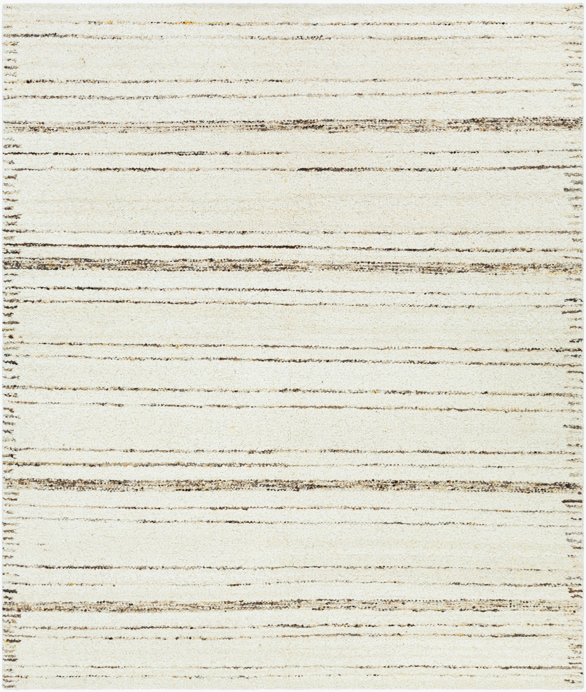 The Thin & Thick Line Stripe Rug - 8 x 10 is a hand-woven wool rug with a cream background and thin, uneven brown horizontal stripes, adding a subtle modern touch.