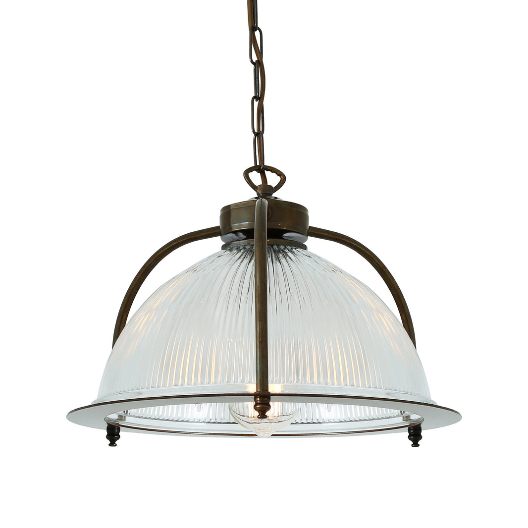 The Ruched Pendant Light features an industrial-inspired design with a dome-shaped, ribbed glass shade suspended by a metal chain and frame in a bronze finish. This contemporary pendant light emits a soft glow from within, adding elegance to any space.