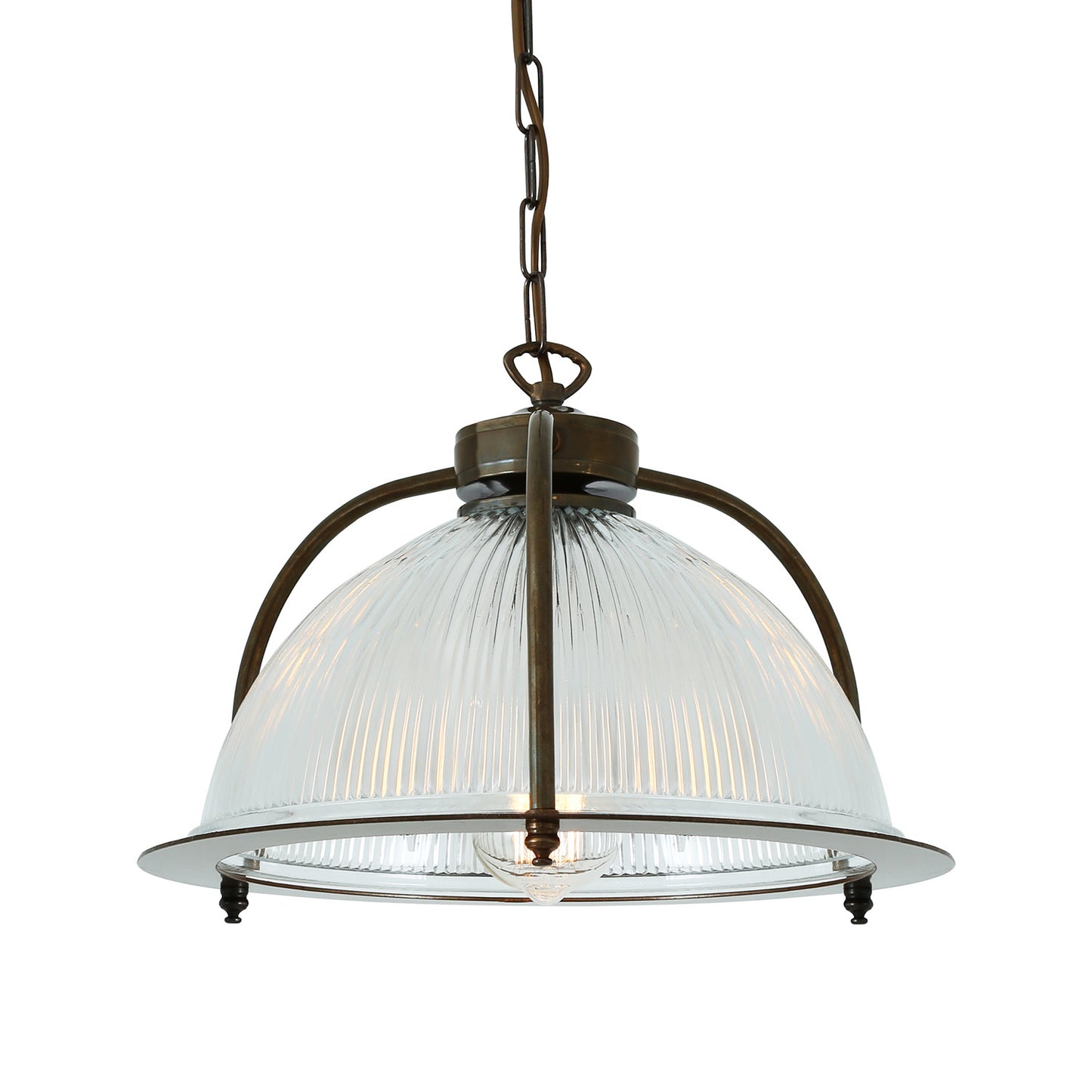 The Ruched Pendant Light features an industrial-inspired design with a dome-shaped, ribbed glass shade suspended by a metal chain and frame in a bronze finish. This contemporary pendant light emits a soft glow from within, adding elegance to any space.