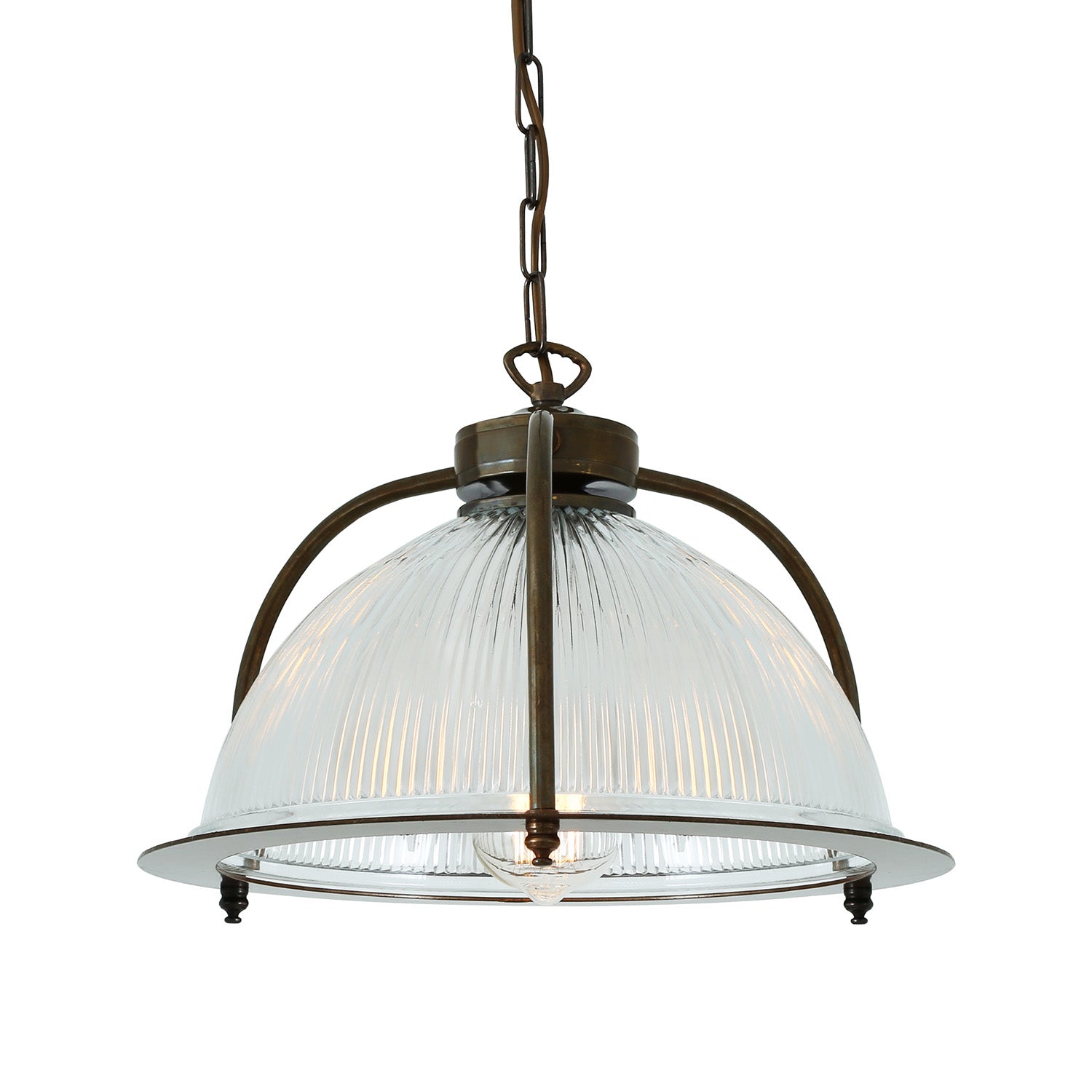 The Ruched Pendant Light features an industrial-inspired design with a dome-shaped, ribbed glass shade suspended by a metal chain and frame in a bronze finish. This contemporary pendant light emits a soft glow from within, adding elegance to any space.