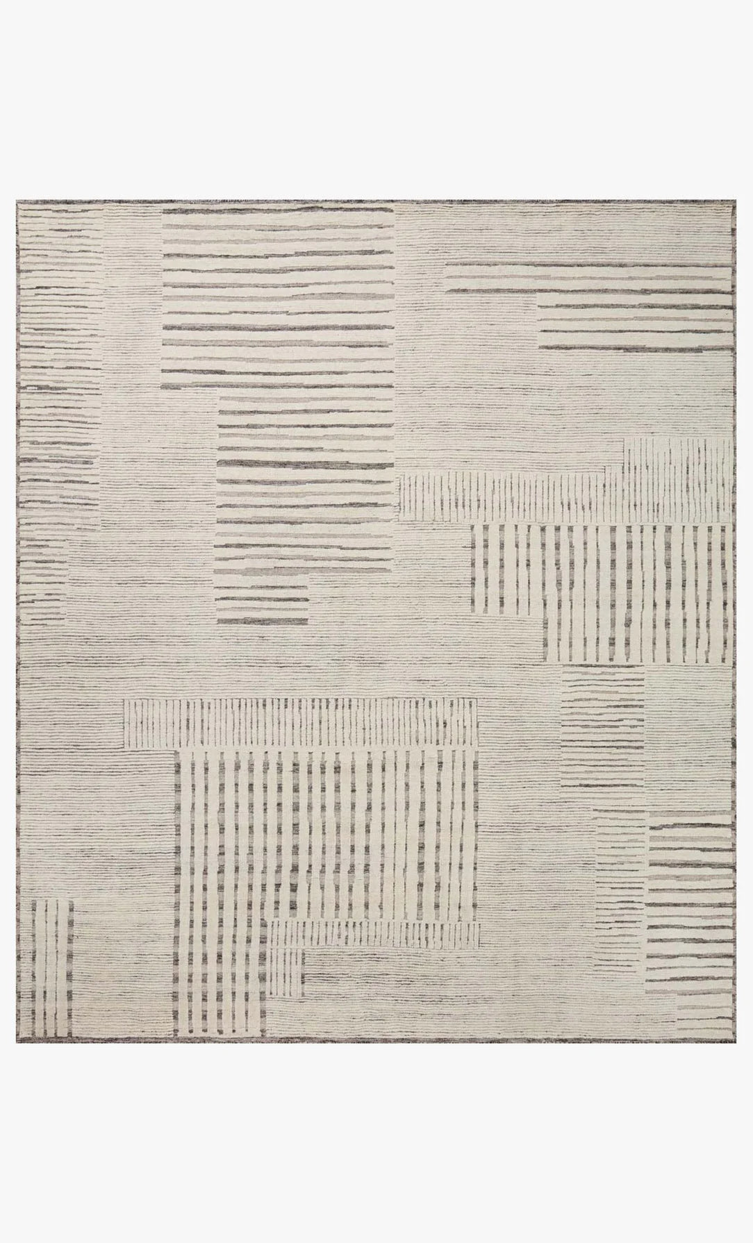 The Geometric Striped Textured Wool Rug – 8'6x11'6 features a light beige background with an abstract pattern of dark gray horizontal and vertical lines in geometric blocks, adding modern style to your space.