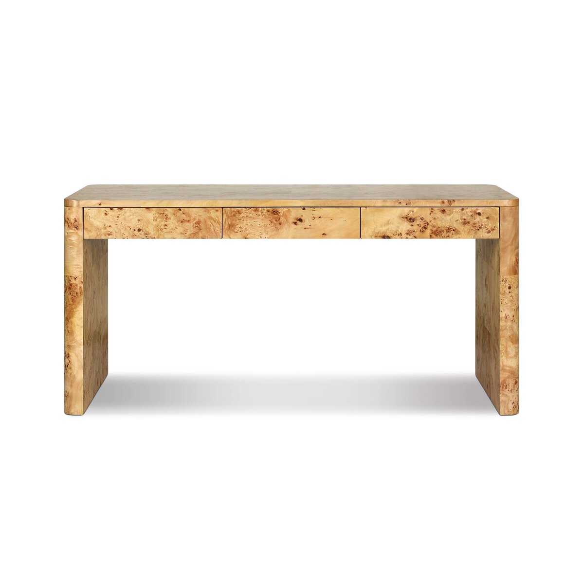 The Burl Wood Desk is a handcrafted rectangular console table with a glossy light brown finish, three front drawers, and clean lines for a modern, minimalist look.
