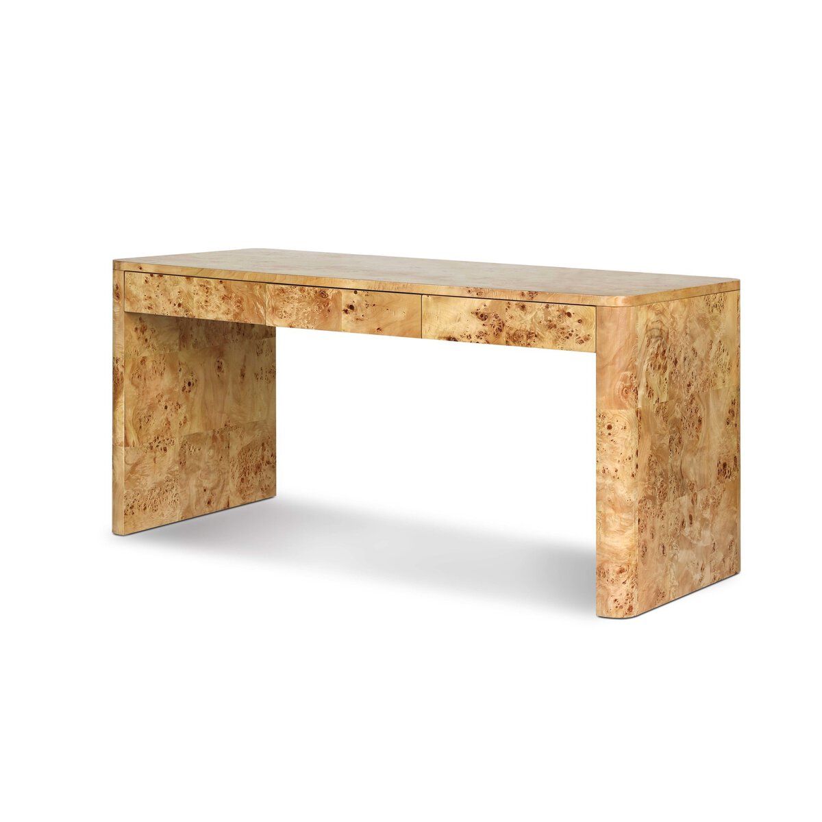 The Burl Wood Desk features a natural burl wood finish, clean lines, two front drawers, and sturdy flat side legs. Handcrafted for elegance and practicality, it’s a stylish addition to any workspace.