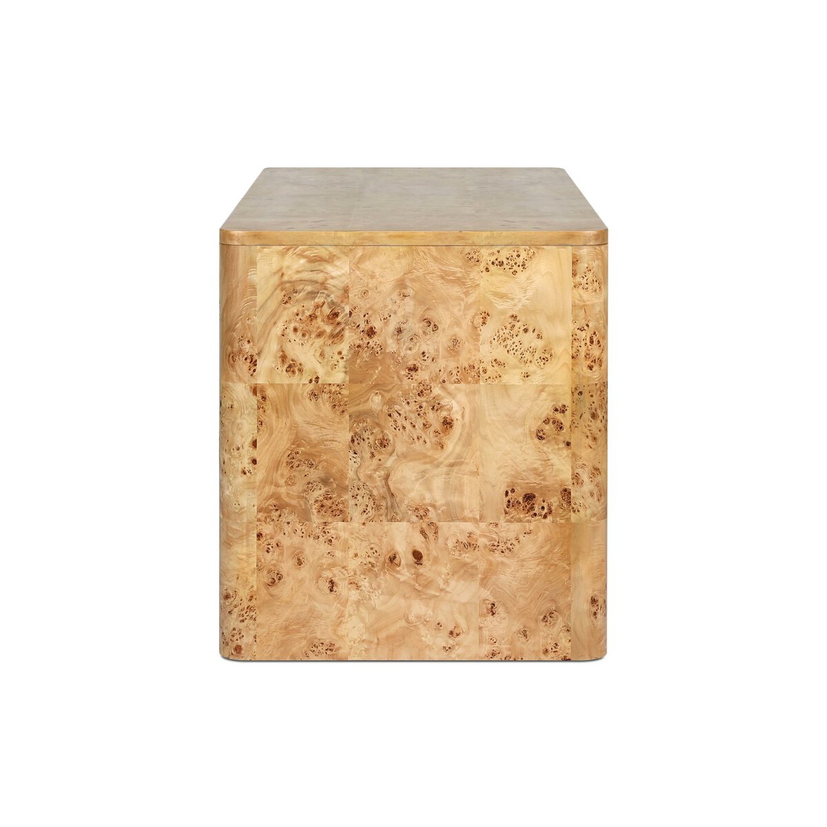 The Burl Wood Desk is a handcrafted, rectangular side table with a smooth, light-toned veneer and natural burled wood pattern. Its simple, modern design is shown against a plain white background.
