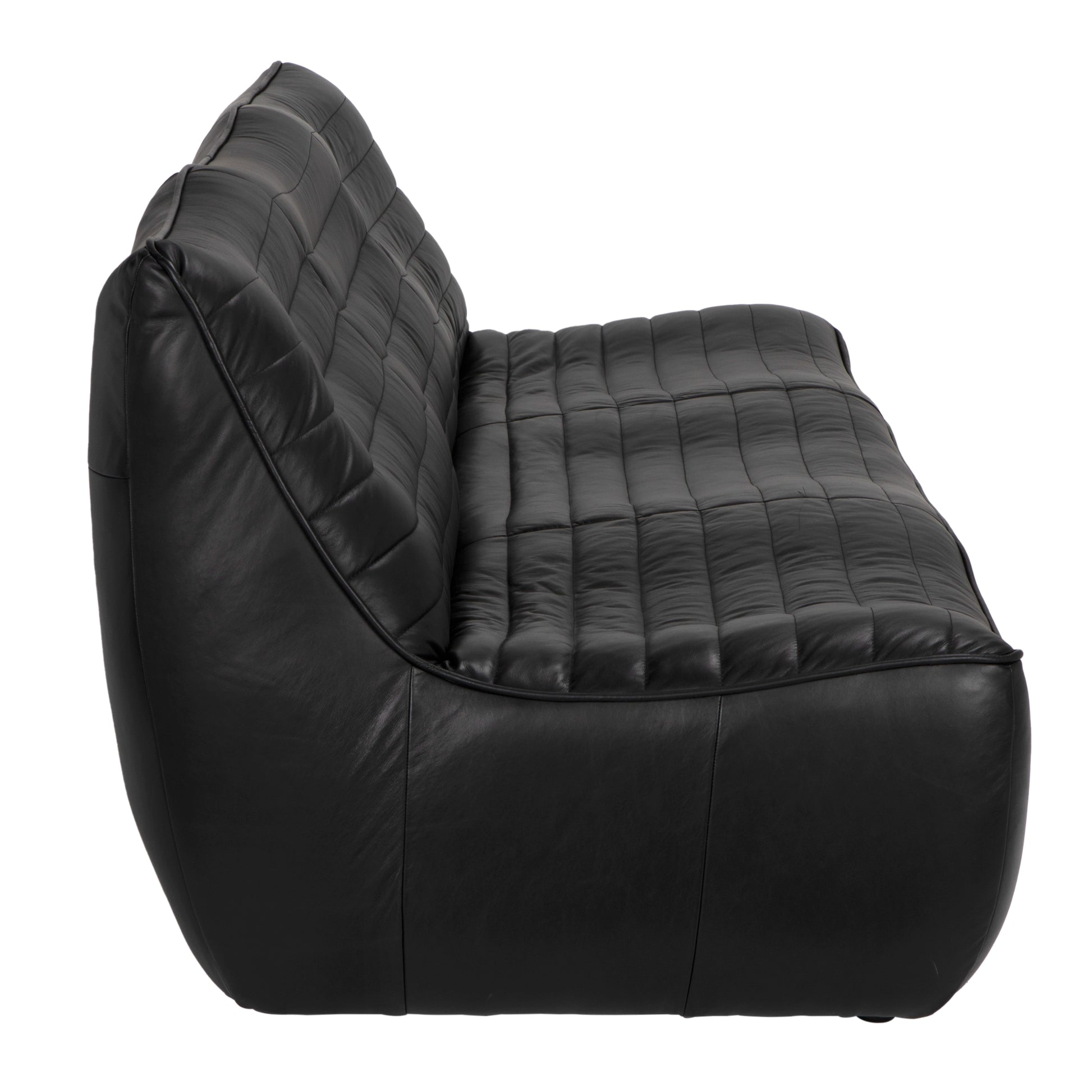 Side view of the Leather Low Profile 3 Seater, upholstered in black full-grain leather with a low backrest, plush cushioning, and horizontal stitching on the seat and back.
