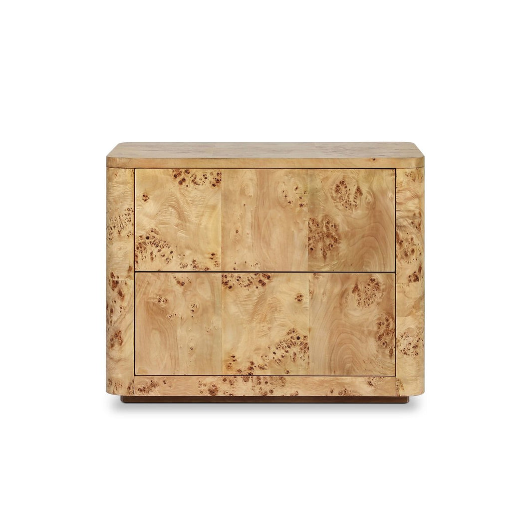 The Natural Burl Nightstand is a light wood piece with a marbled grain, two wide drawers, and a minimalist rectangular design.