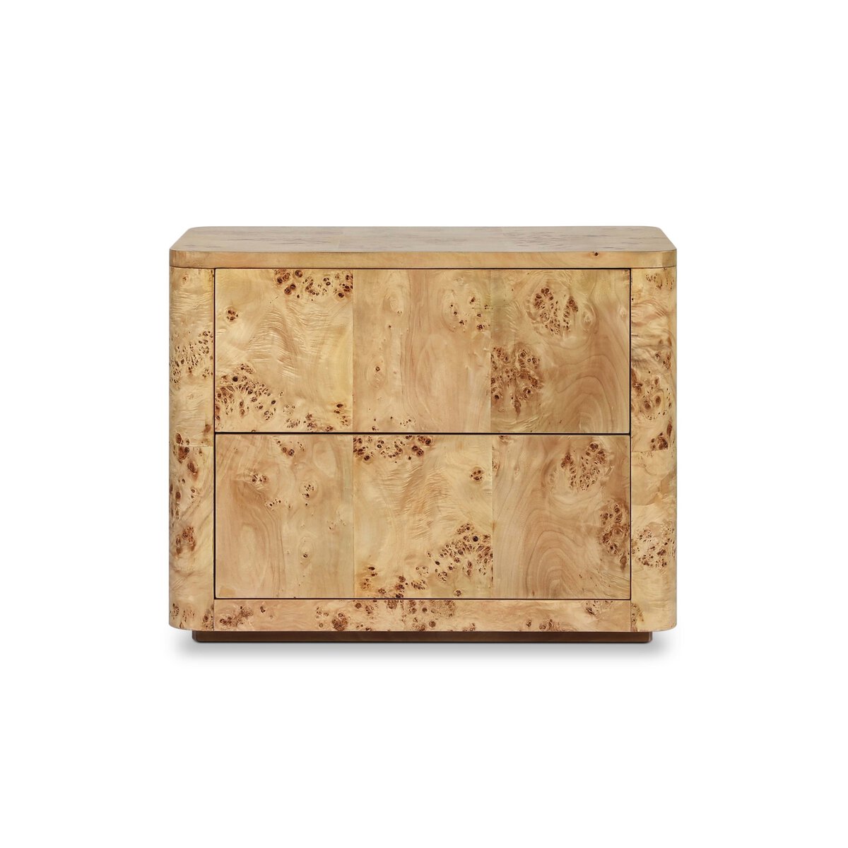 The Natural Burl Nightstand is a light wood piece with a marbled grain, two wide drawers, and a minimalist rectangular design.