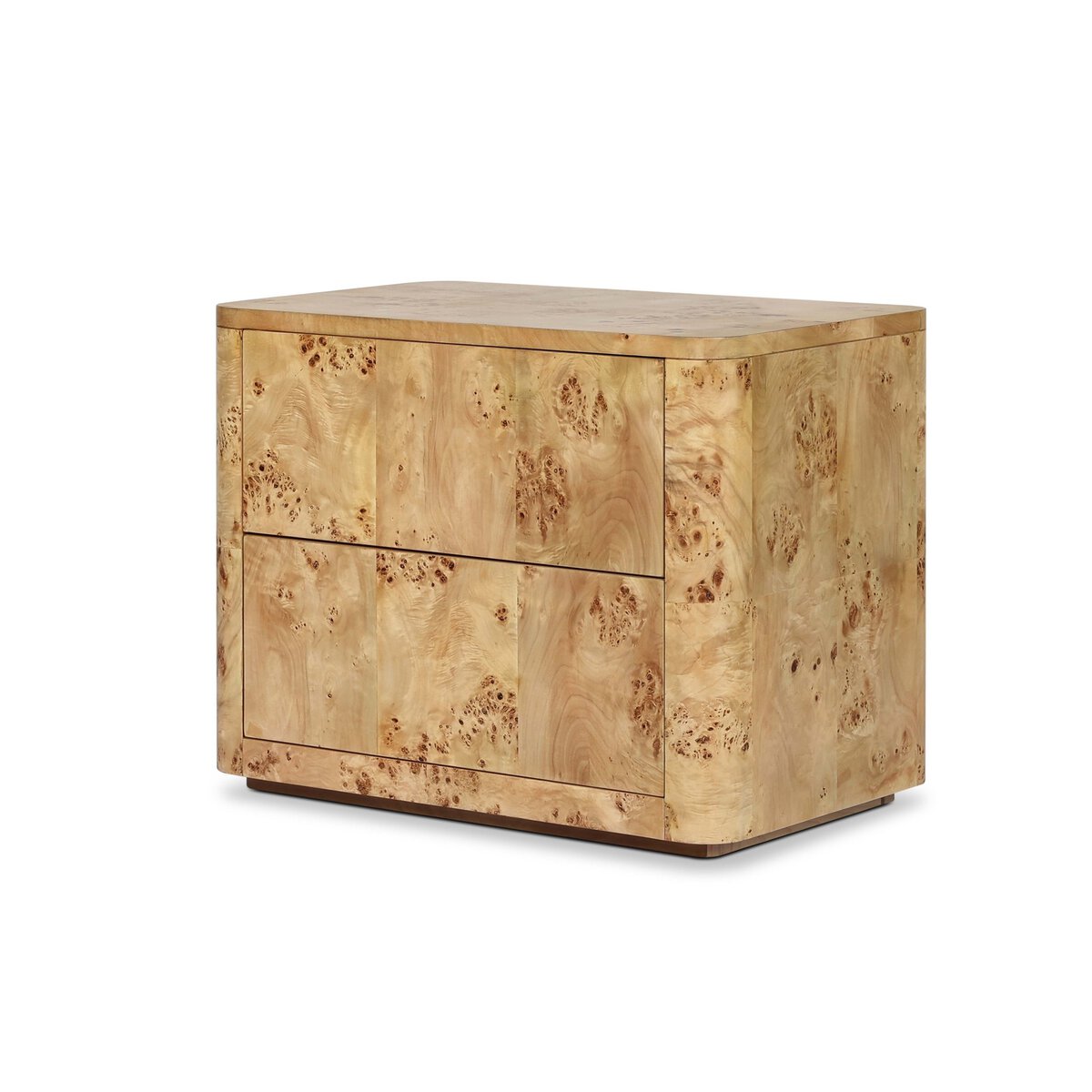 The Natural Burl Nightstand features a light, natural burl wood finish, two drawers, and a simple boxy design.