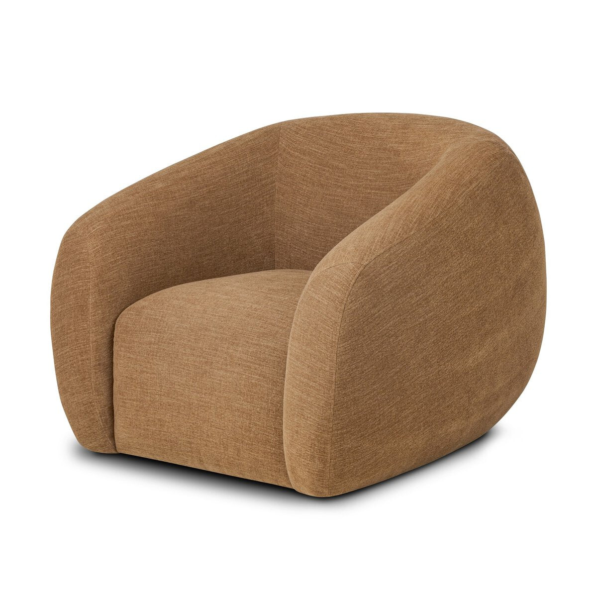 The Curved Swivel Chair is a modern, rounded armchair in light brown fabric with a plush, minimalist design and concealed legs. It measures 38.50"w x 41.25"d x 30.75"h.