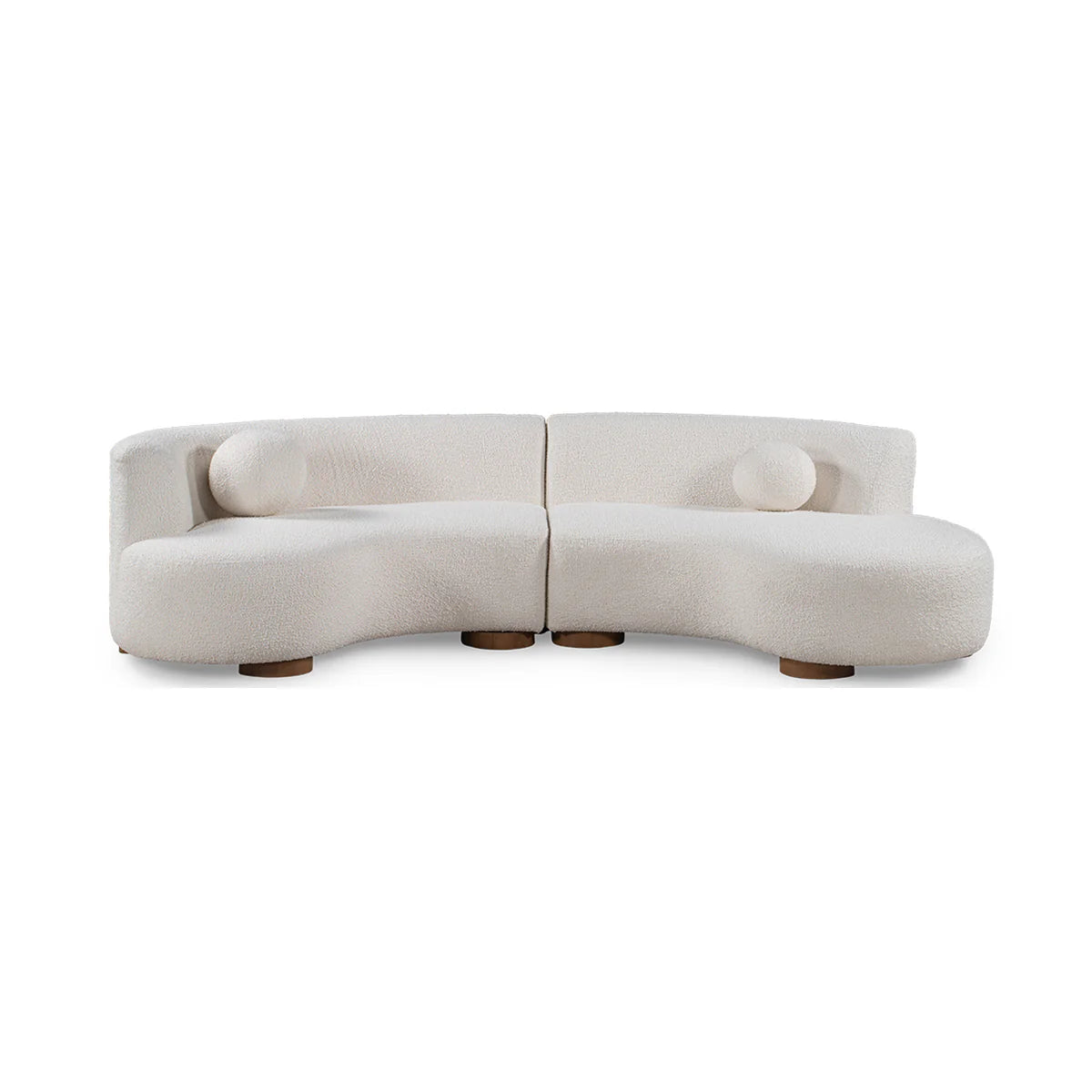 The Crescent Upholstered Sectional is a curved, modern white sofa with textured upholstery, low wooden feet, and two round cushions. Shown on a plain white background. Overall dimensions: 116.25”W x 58”D x 29.25”H.