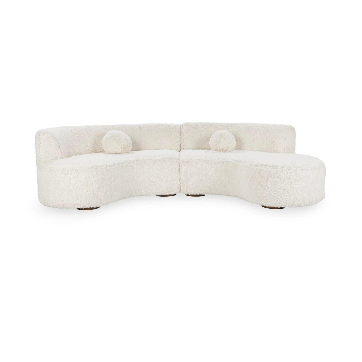 The Crescent Upholstered Sectional is a modern curved white sofa with plush textured fabric, two matching round cushions, and low round legs. Dimensions: 116.25"W x 58"D x 29.25"H.