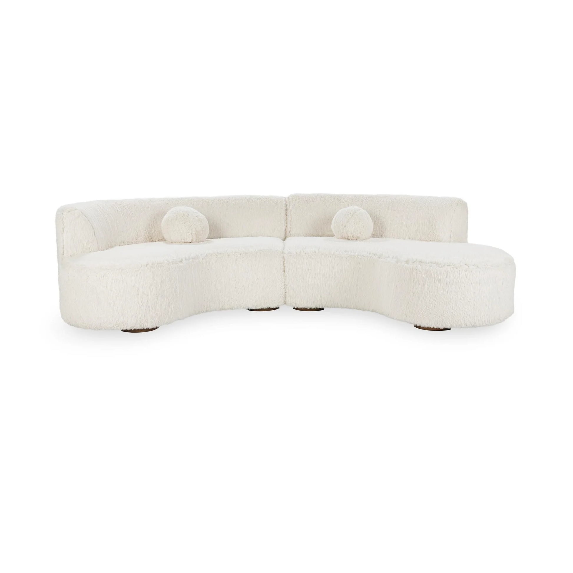 The Crescent Upholstered Sectional is a modern curved white sofa with plush textured fabric, two matching round cushions, and low round legs. Dimensions: 116.25"W x 58"D x 29.25"H.