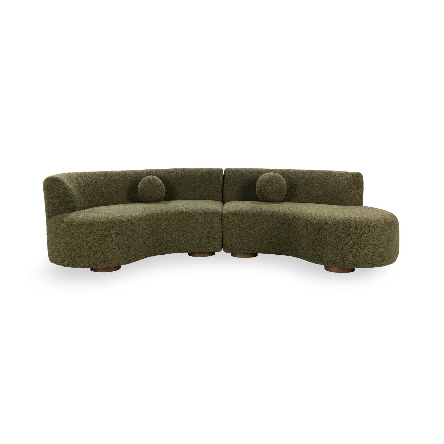 The Crescent Upholstered Sectional is a curved, olive green sofa with a low back, rounded edges, two matching circular cushions, and short wooden legs—an inviting addition to your living room decor.