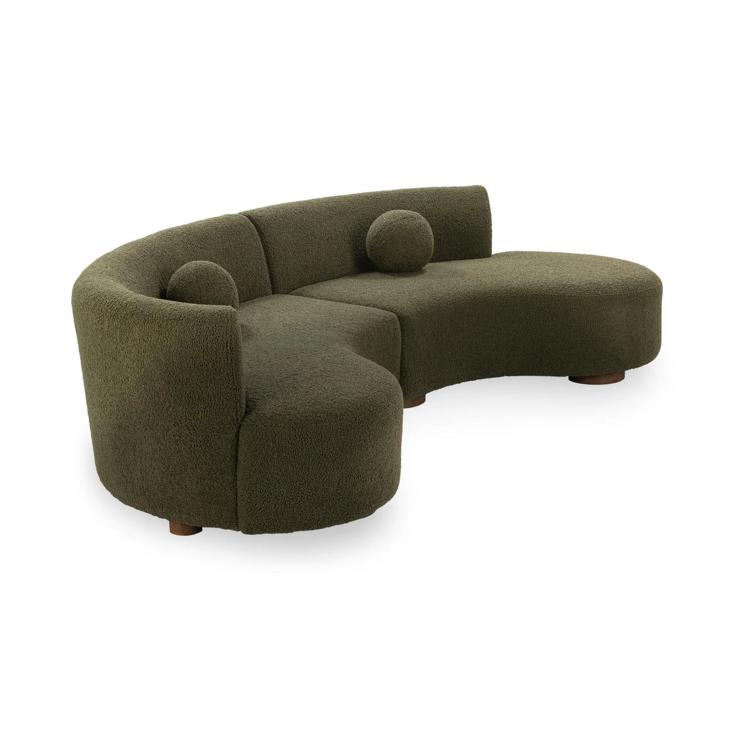 The Crescent Upholstered Sectional is a curved, modern large sofa in dark olive green with textured upholstery, a rounded backrest, two matching cylindrical pillows, and short round wooden legs—a stylish living room addition.