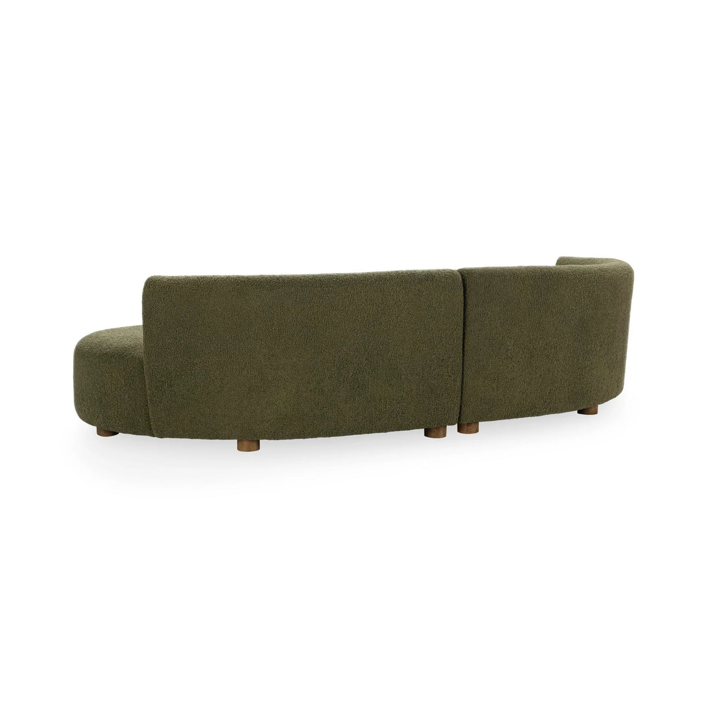 The Crescent Upholstered Sectional features a curved, modern design in olive green with textured upholstery and low wooden legs, shown from the back against a white background—ideal as standout living room furniture.