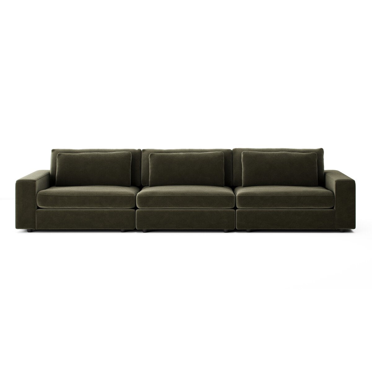 The 3-pc Modern Low Sectional is a contemporary three-seat sofa with dark green upholstery, wide armrests, and plush cushions, displayed against a plain white background.
