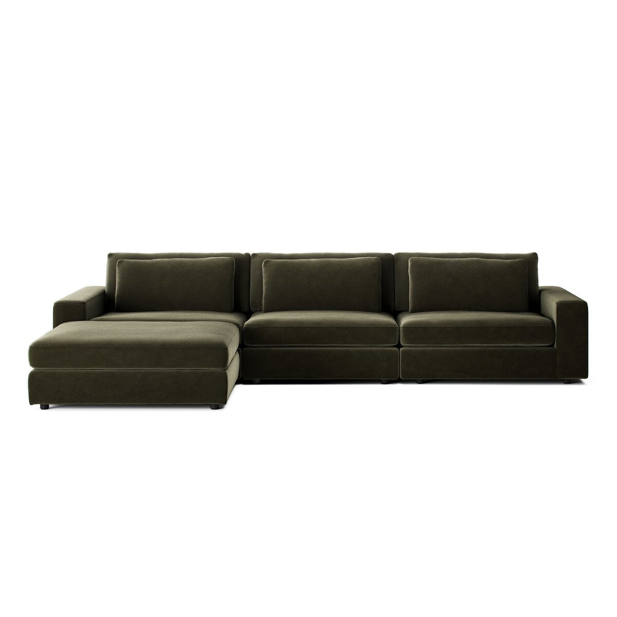 The 3-pc Modern Low Sectional is a dark green sofa with three seat and back cushions, a left-side chaise lounge, clean lines, block armrests, and spacious dimensions for comfortable modern seating.