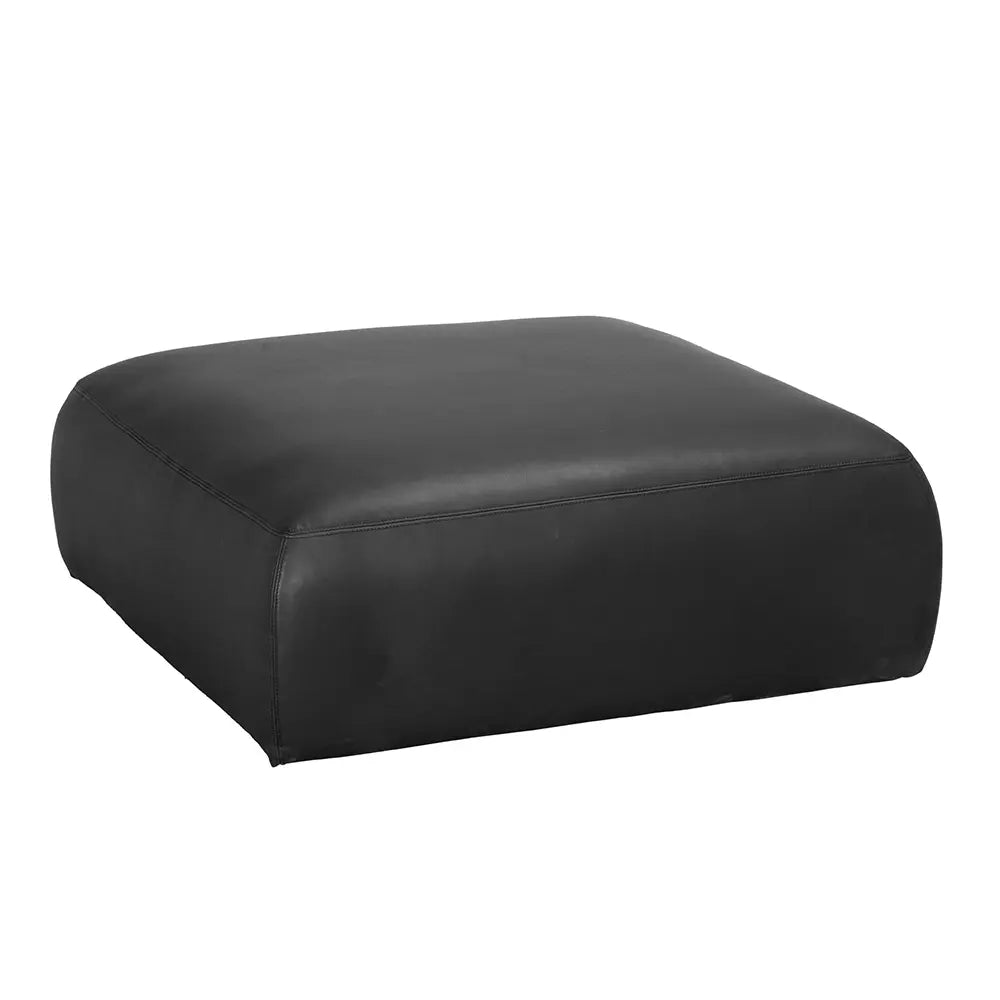 A large, square Buckled Black Leather Modular Sofa ottoman with smooth surfaces and rounded edges, designed to complement individual pieces, displayed on a plain white background.