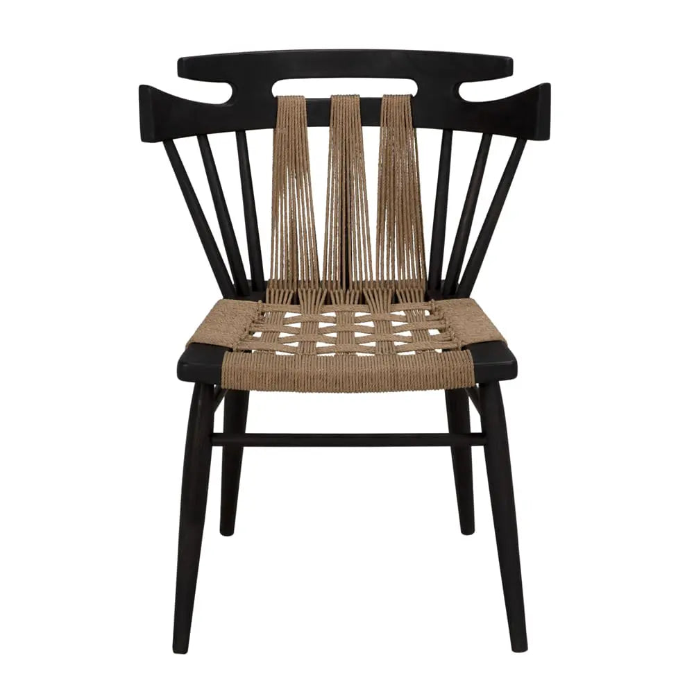 The Black Wood & Woven Chair features a modern black frame, wide backrest with vertical spindles, and a woven tan rope seat. Its dimensions are 24W x 20D x 32H inches.