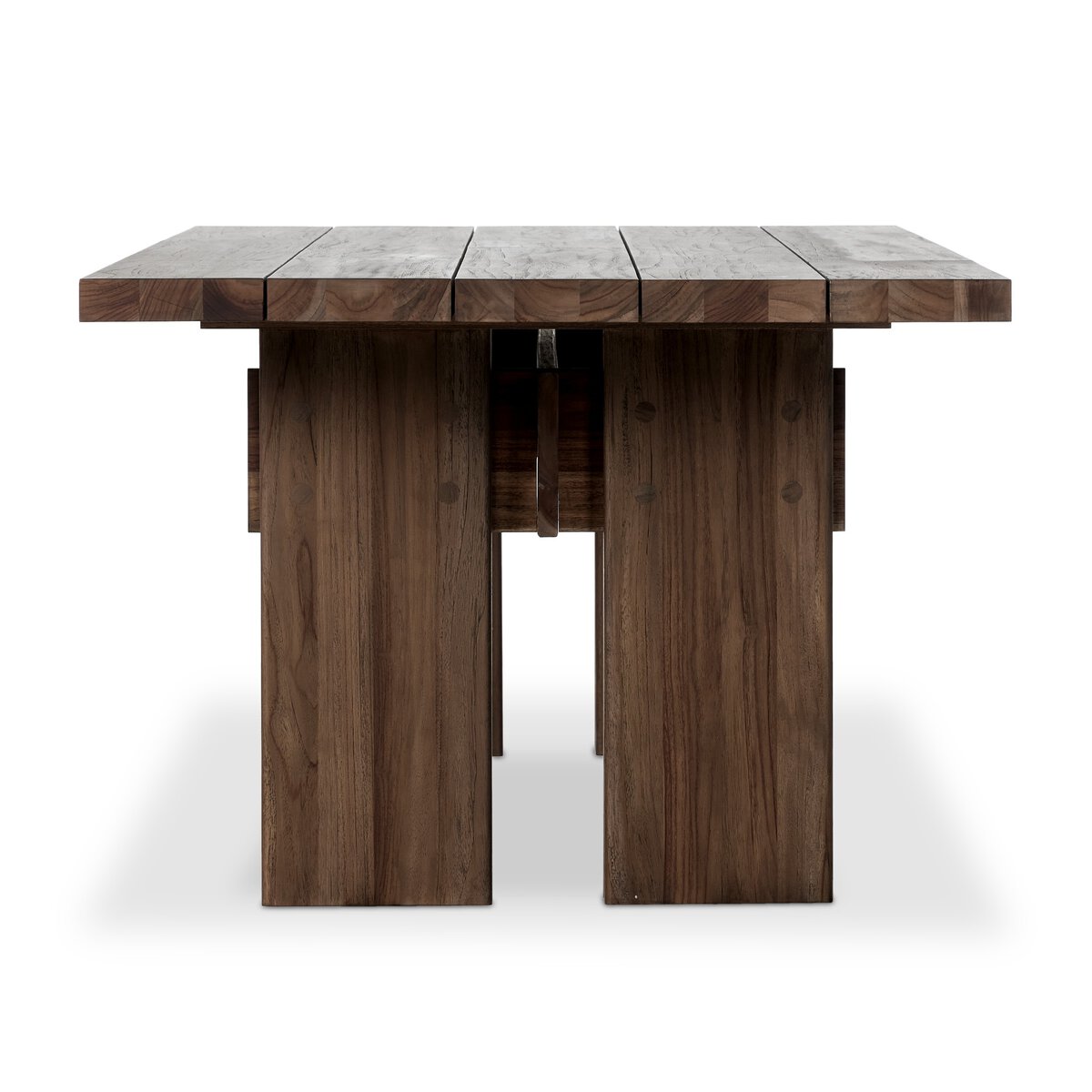 Front view of the Teak Outdoor Dining Table, featuring a modern rectangular design with thick plank-style legs and a slatted FSC-certified teak tabletop in a toasted brown finish, shown against a white background.