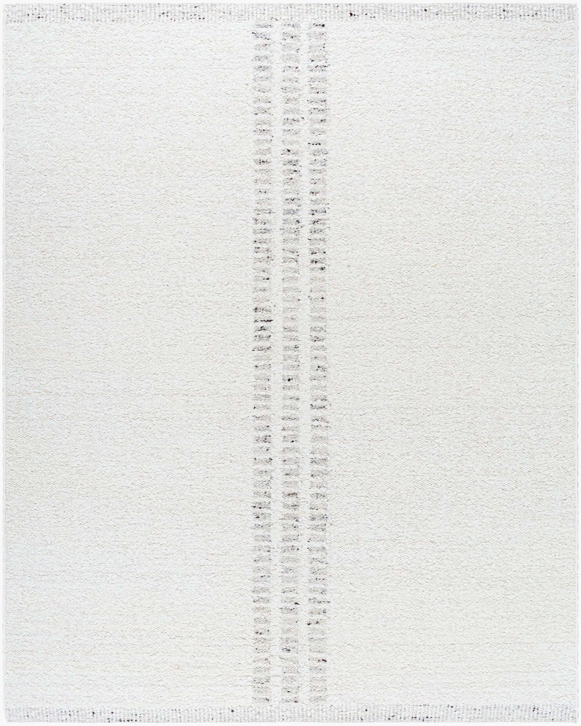 The Center Stripe Rug - 8 x 10 is a rectangular, off-white handwoven wool rug with a minimalist design of two parallel vertical lines of small, evenly spaced gray dots down the center.