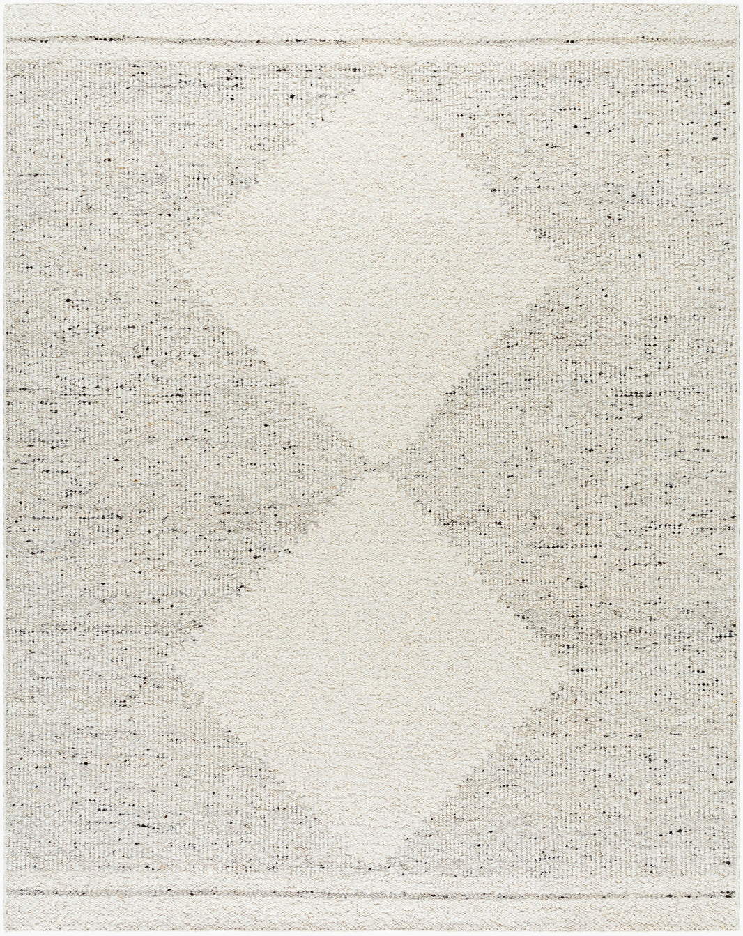 The Large Diamond Wool Rug - 8 x 10 features a light, hand-woven wool design with subtle speckles and two large overlapping diamonds at the center for a textured, minimalist look.