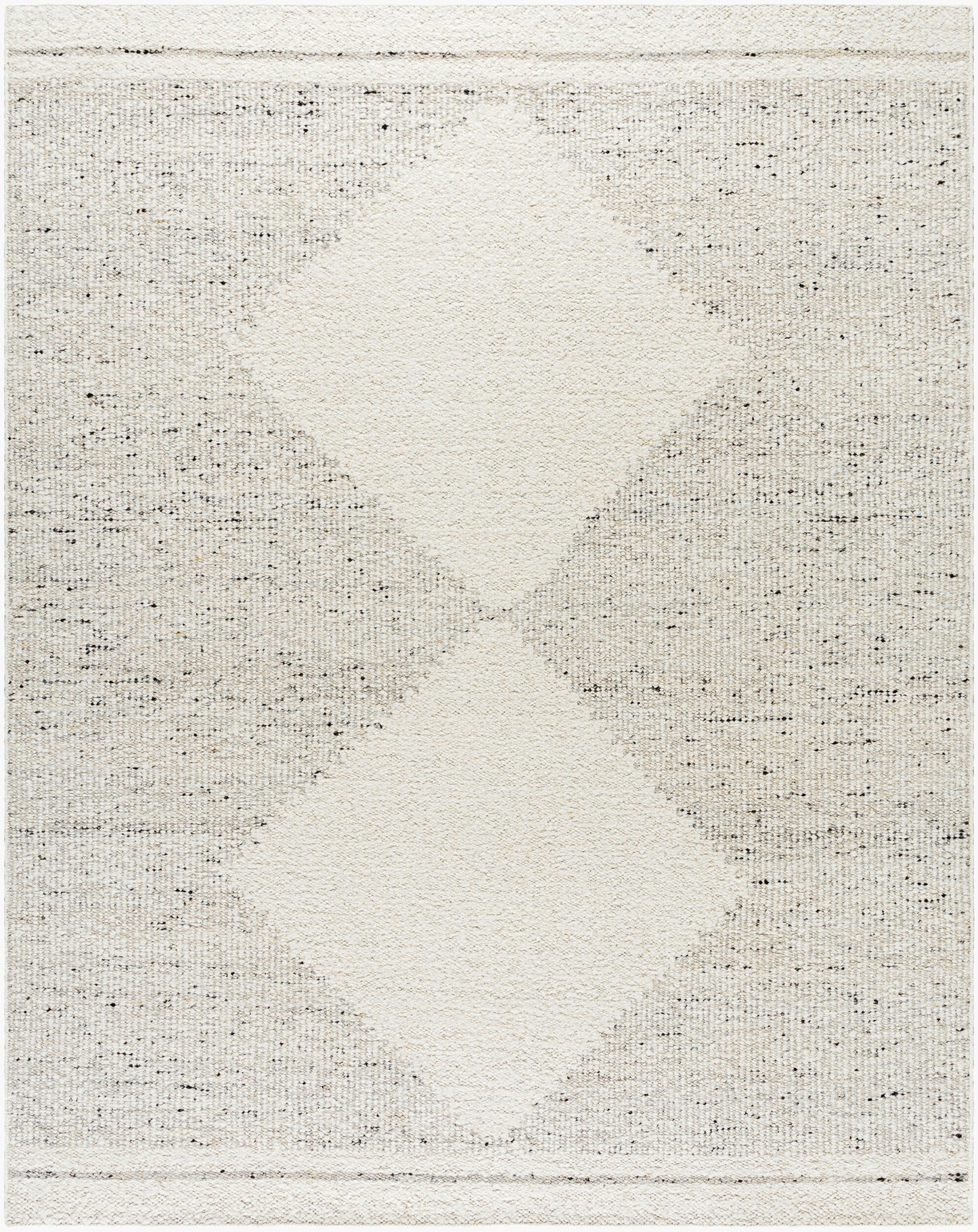 The Large Diamond Wool Rug - 8 x 10 features a light, hand-woven wool design with subtle speckles and two large overlapping diamonds at the center for a textured, minimalist look.