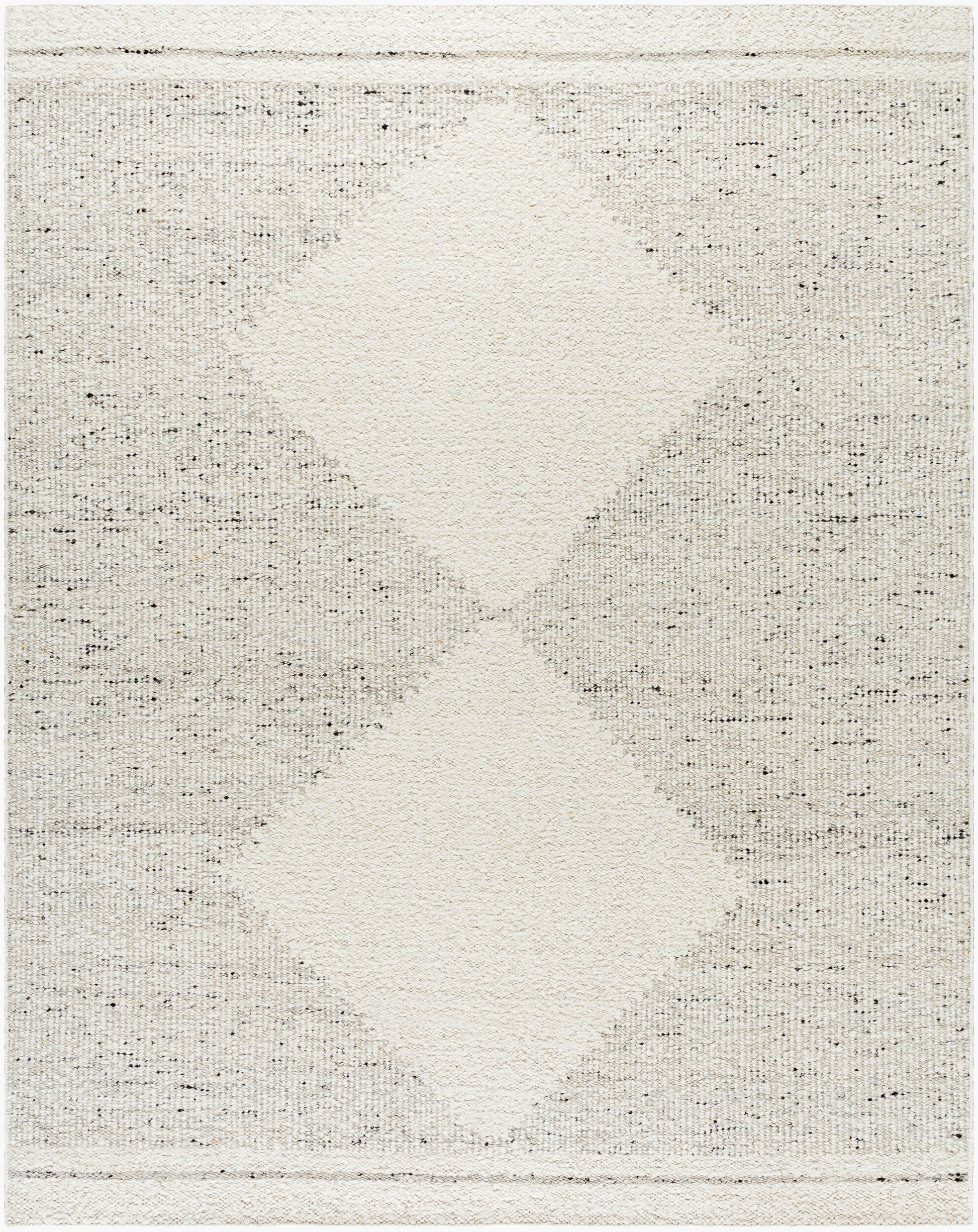 The Large Diamond Wool Rug - 8 x 10 features a light, hand-woven wool design with subtle speckles and two large overlapping diamonds at the center for a textured, minimalist look.