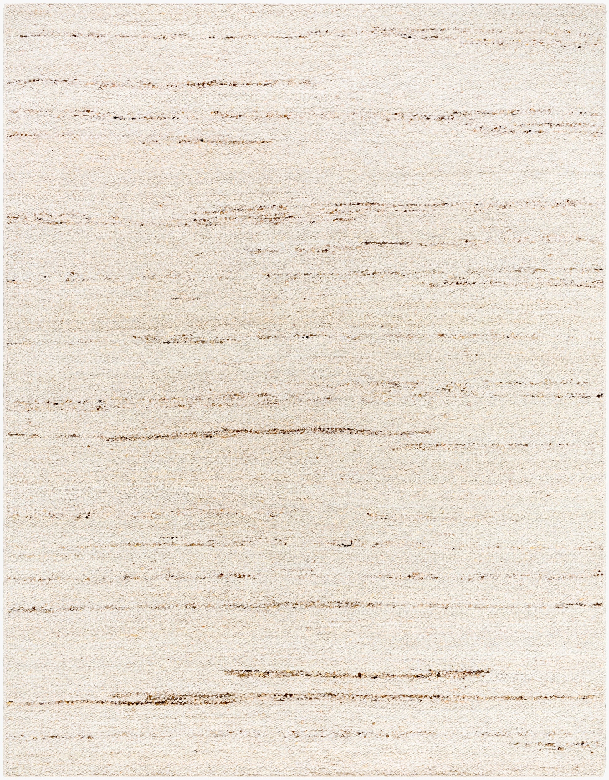 The Knotted Brown and Beige Wool Rug - 8 x 10 features a hand-woven rectangular design with horizontal brown lines on a beige background for a natural, textured look.