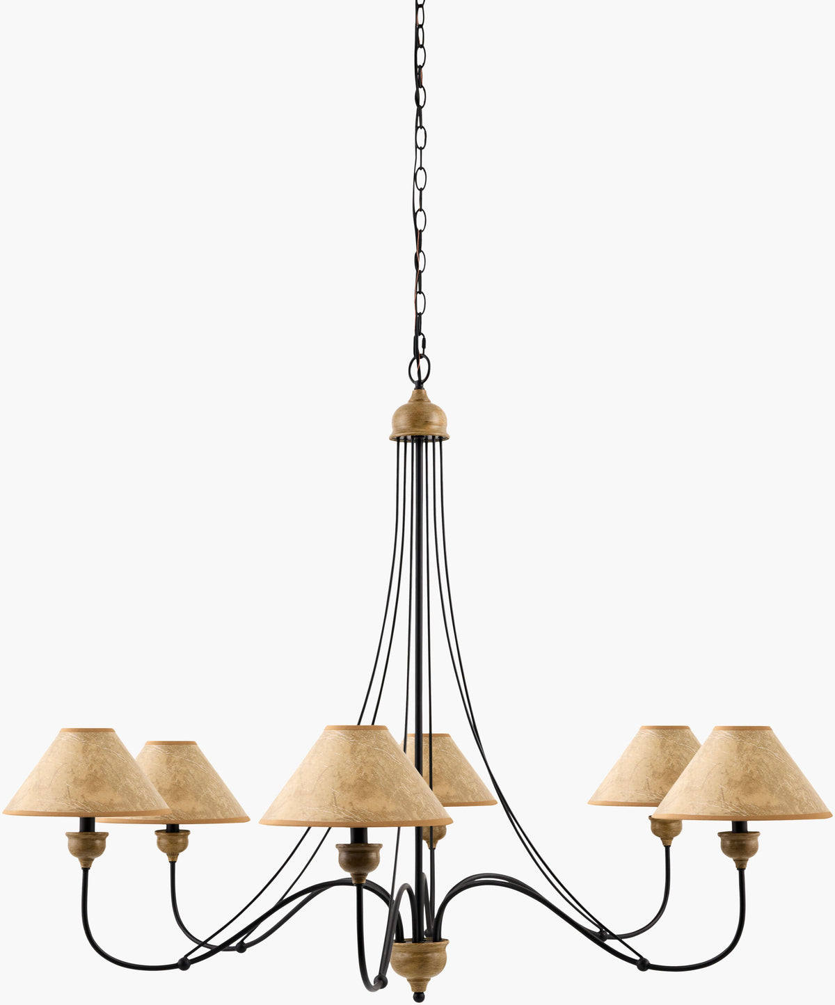 Iron and Leather Chandelier featuring six curved black metal arms, light brown textured lamp shades, and a chain suspension, designed to hang over a 41 inch square table.