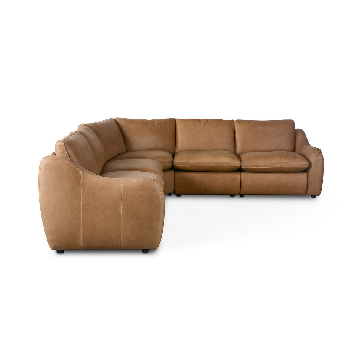 The Recliner 5pc Sectional is a large brown leather L-shaped sofa with plush cushions and curved arms, perfect for stylish living rooms, shown on a white background.
