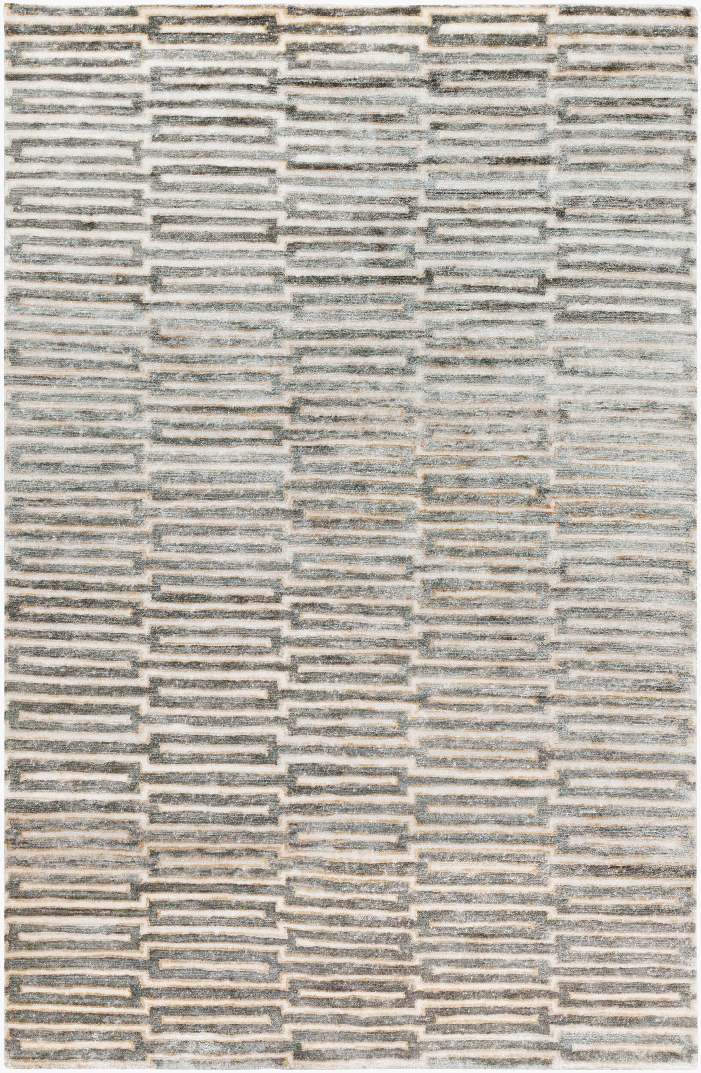 The Viscose Pattern Rug - 8'x11' features a modern geometric design with staggered gray and beige rectangles on a light background. Its stylish look makes it a versatile choice for contemporary spaces.