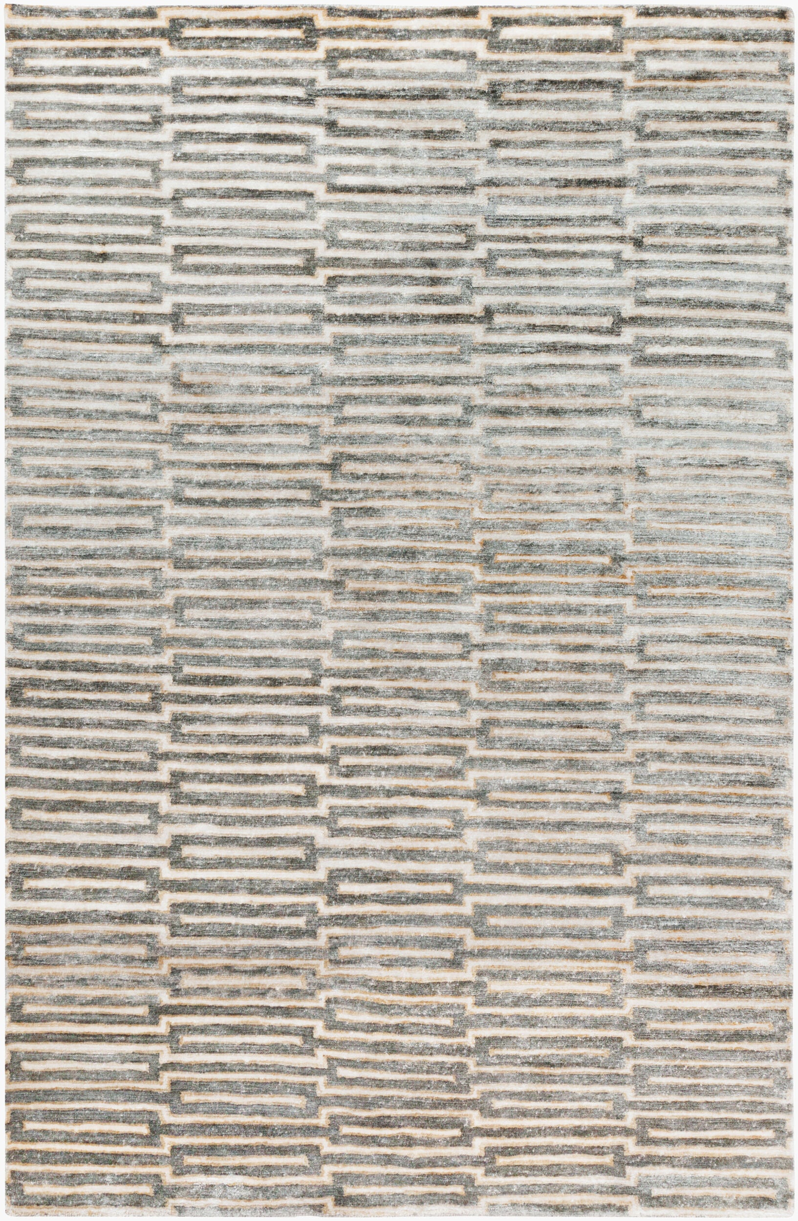 The Viscose Pattern Rug - 8'x11' features a modern geometric design with staggered gray and beige rectangles on a light background. Its stylish look makes it a versatile choice for contemporary spaces.