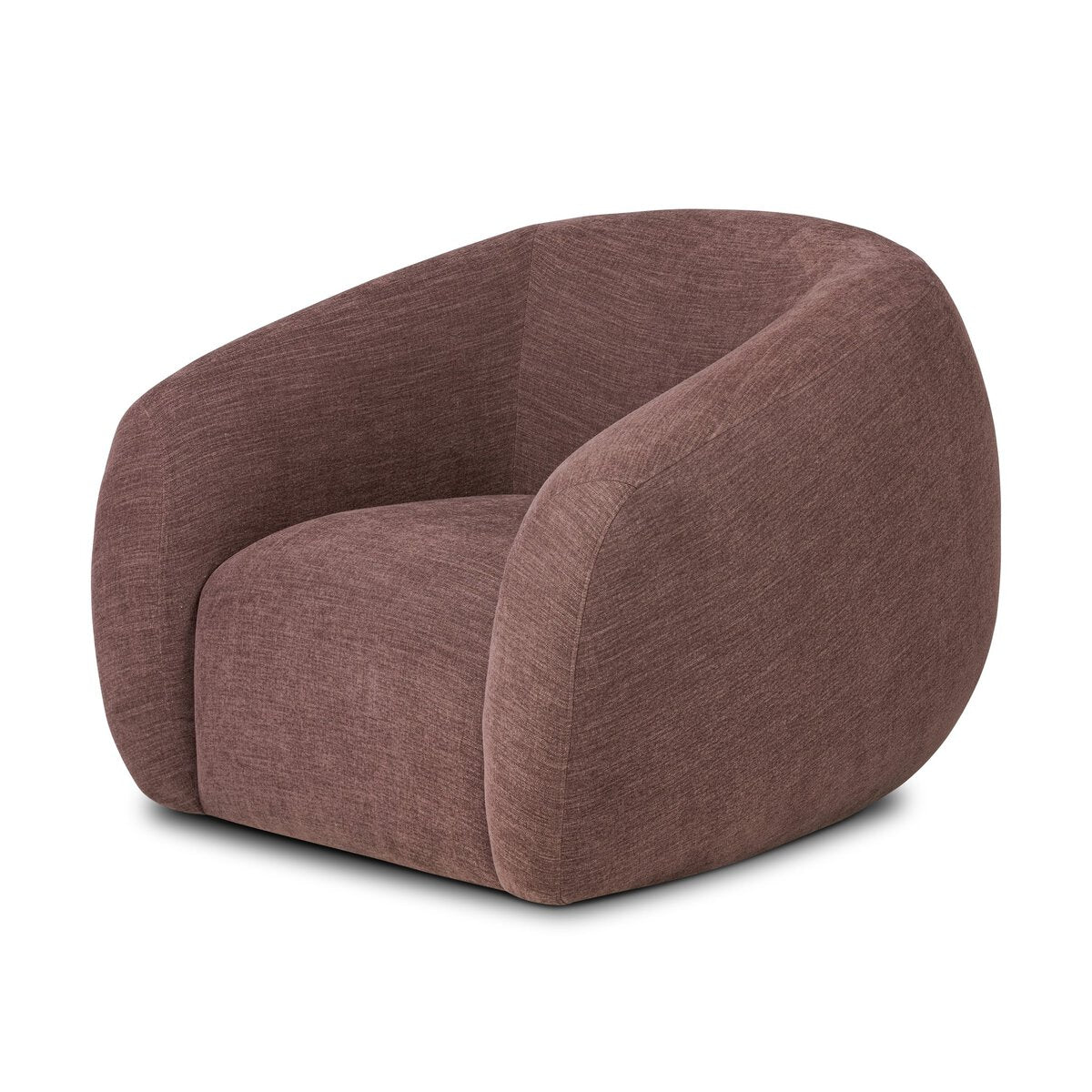The Curved Swivel Chair features a modern, plush design with curved lines and brown fabric. It has a low profile, rounded sides, no visible legs, and measures 38.50"w x 41.25"d x 30.75"h.