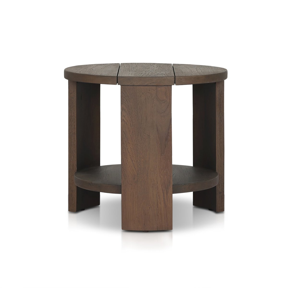 The Outdoor Chunky Round End Table is made from FSC-certified reclaimed teak wood with a dark brown finish, three wide legs, and a lower circular shelf, shown on a white background.