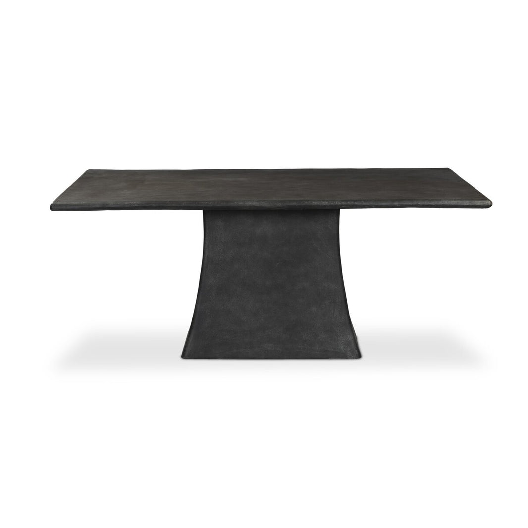 The Tapered Pedestal Base Outdoor Table features a modern rectangular black design with a thick top and wide, curved pedestal base, shown against a white background.