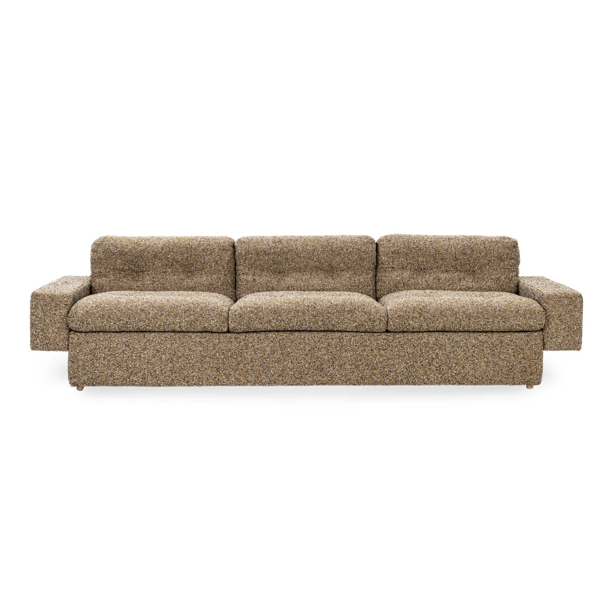 The Tufted Sofa is a modern three-seater with wide armrests and tufted back, upholstered in textured speckled brown and beige fabric, shown against a plain white background.