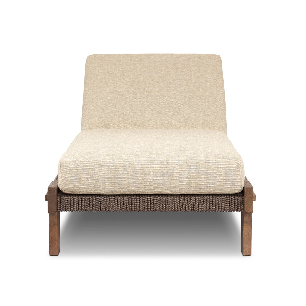 The Solid Teak Outdoor Chaise features a beige, UV-resistant cushion and backrest on a wooden frame with woven detailing, shown from the front against a white background.
