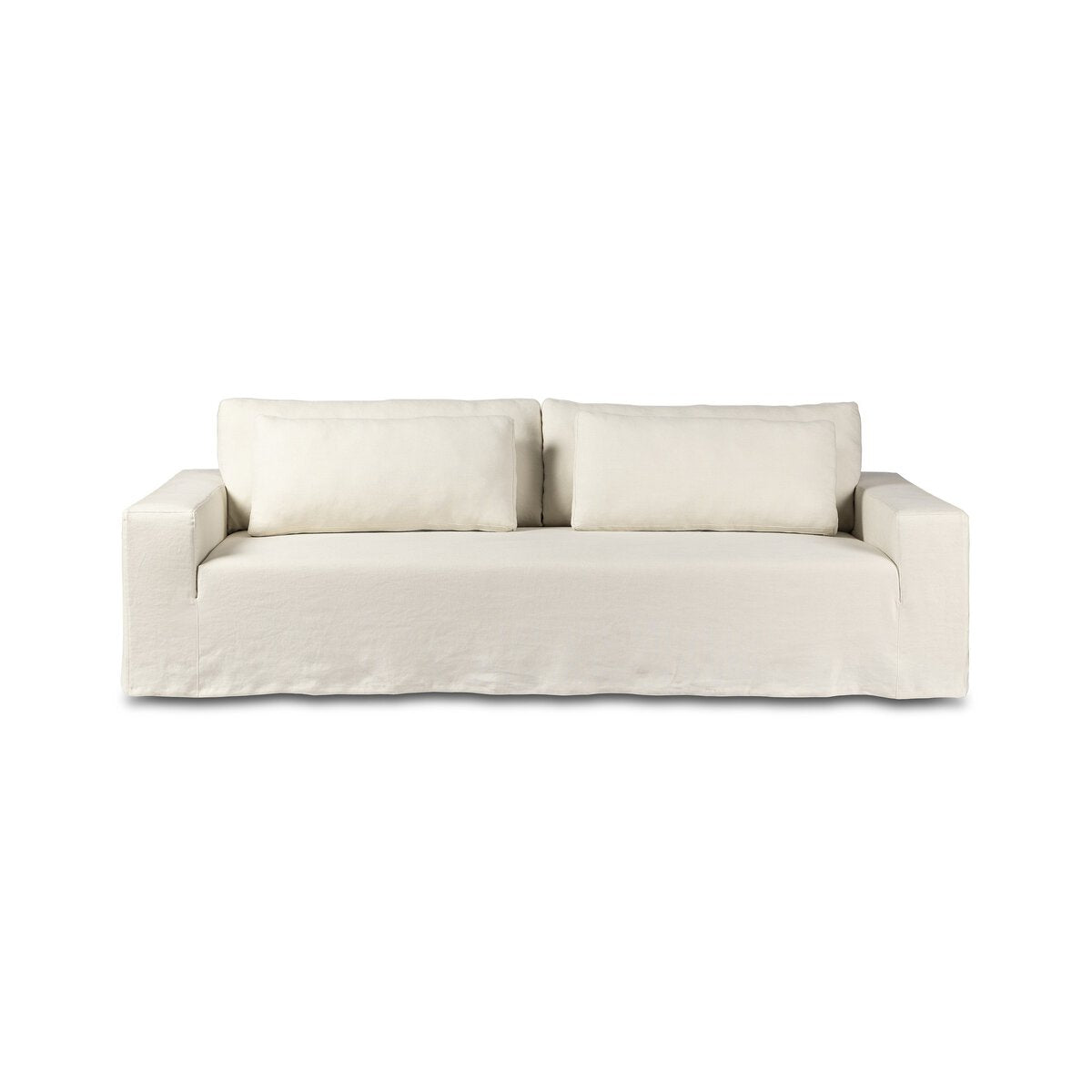 The Outdoor Slipcover Sofa is a modern, minimalist white sofa with straight, wide armrests and two large back cushions. It features washable hemp upholstery in a slipcover style, shown against a plain white background.