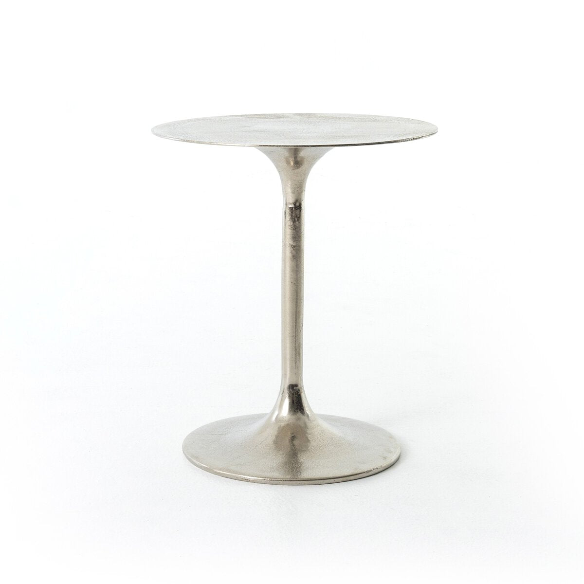 The Tulip Side Table is a 20-inch small, round metallic end table with a smooth top and a single narrow pedestal base, shown against a plain white background.