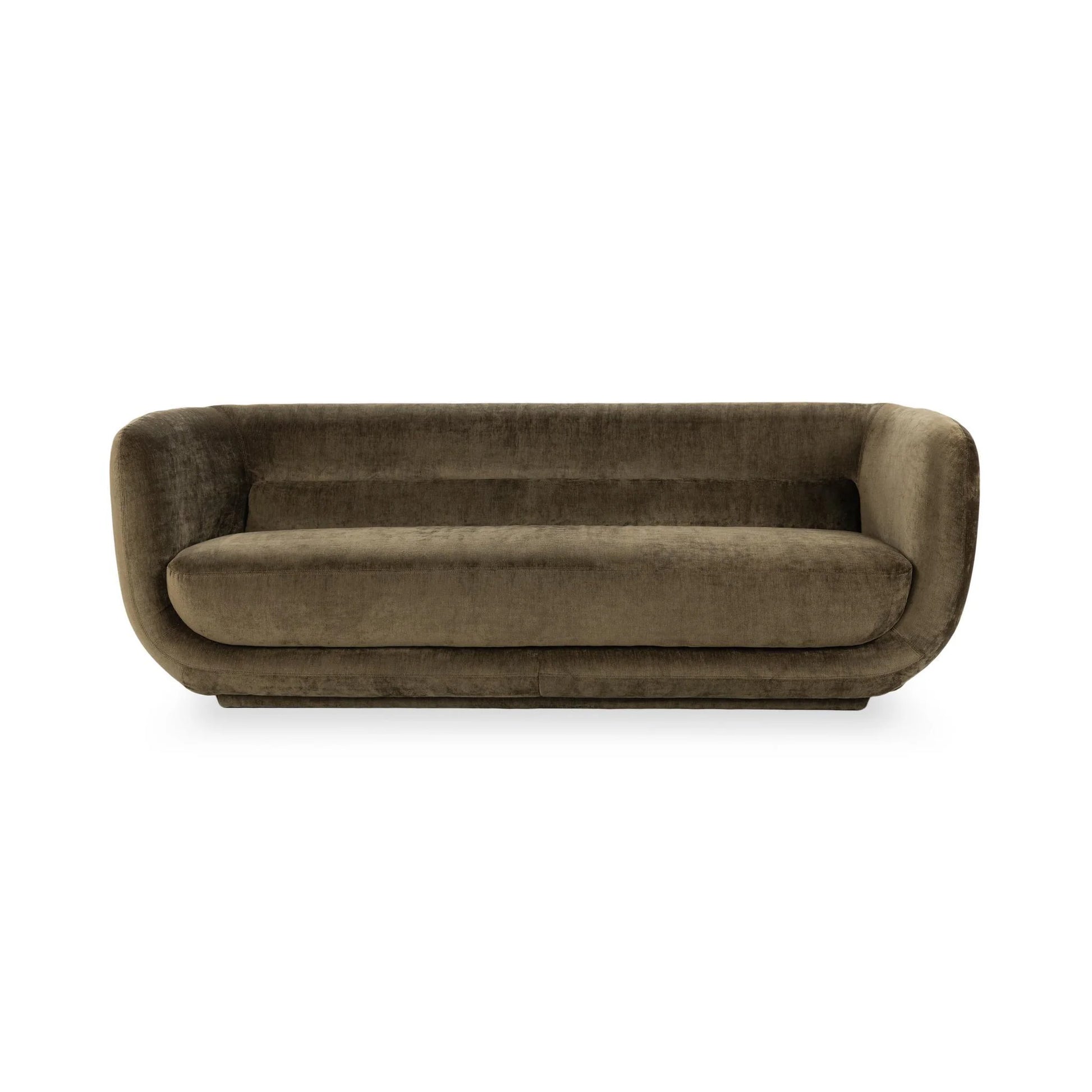 The Tuxedo Arm Sofa is a modern, brown velvet piece with plush cushions, rounded edges, and a low backrest. Its minimalistic design is displayed against a plain white background.