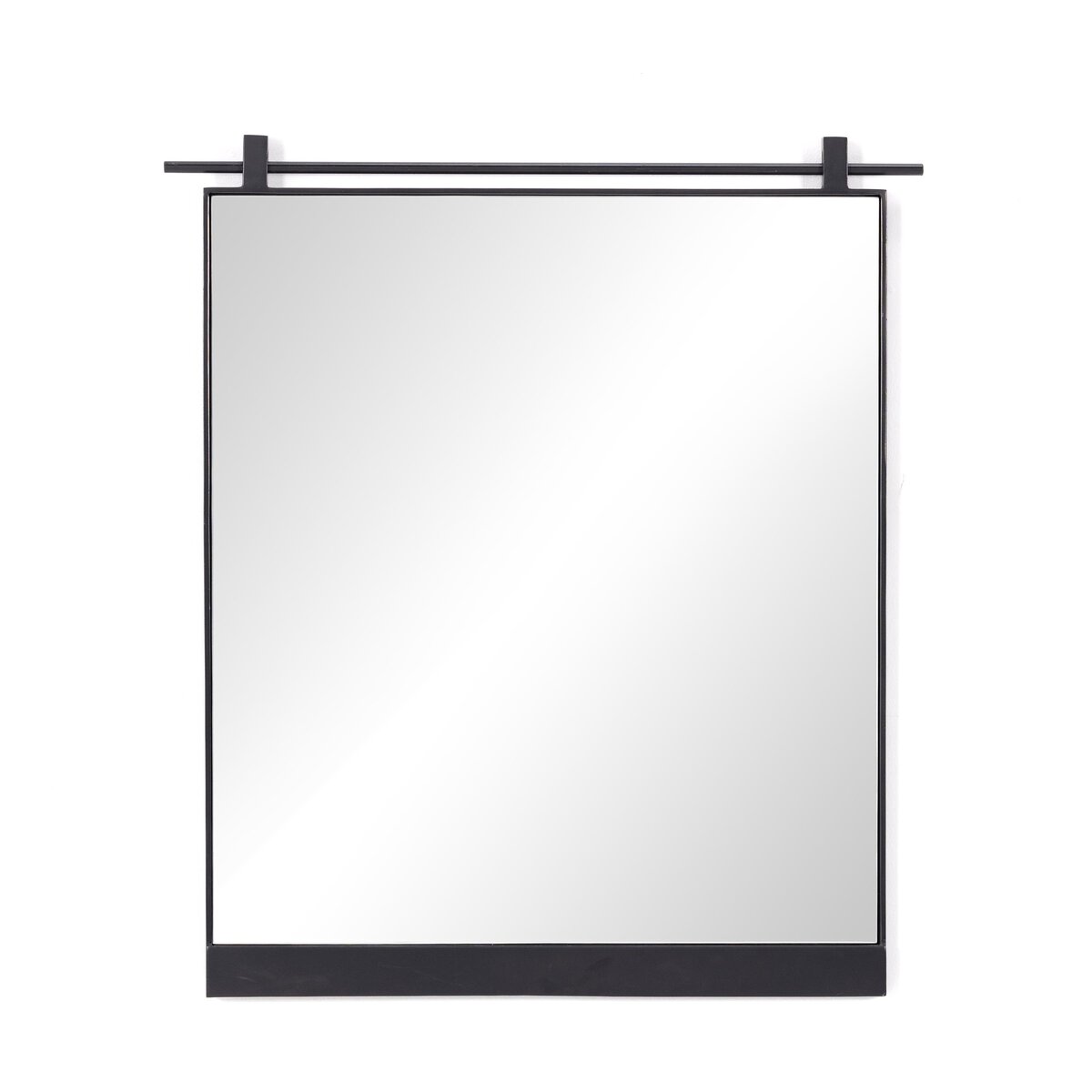 The Chico Mirror is a large decorative wall mirror with a thin black metal frame and a horizontal top bar for hanging. This minimalist, modern piece is displayed on a white background.