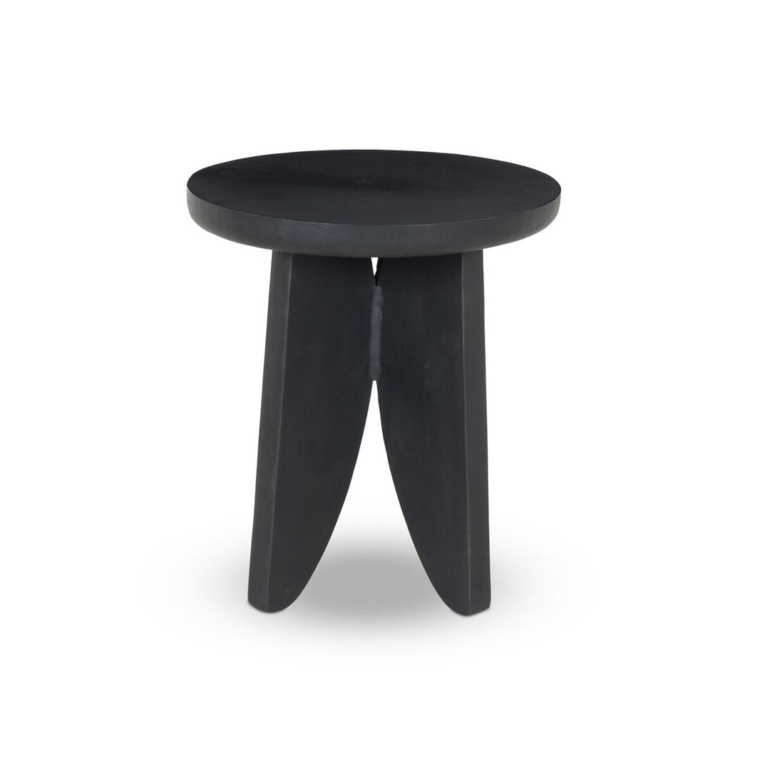 The Worth Outdoor End Table is a modern, round black accent table with three wide, uniquely shaped legs, displayed against a plain white background.