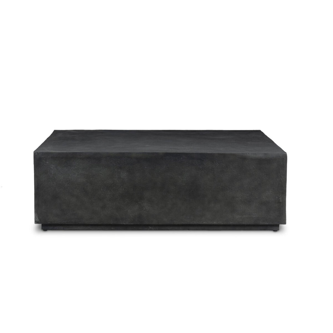 A rectangular, minimalist Aged Grey Metal Outdoor Coffee Table with a smooth, solid cast aluminum surface and no visible decorations, set against a white background.