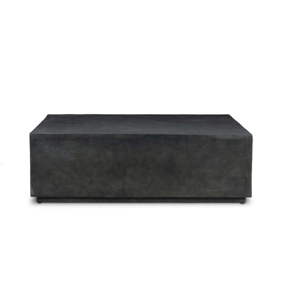A rectangular, minimalist Aged Grey Metal Outdoor Coffee Table with a smooth, solid cast aluminum surface and no visible decorations, set against a white background.